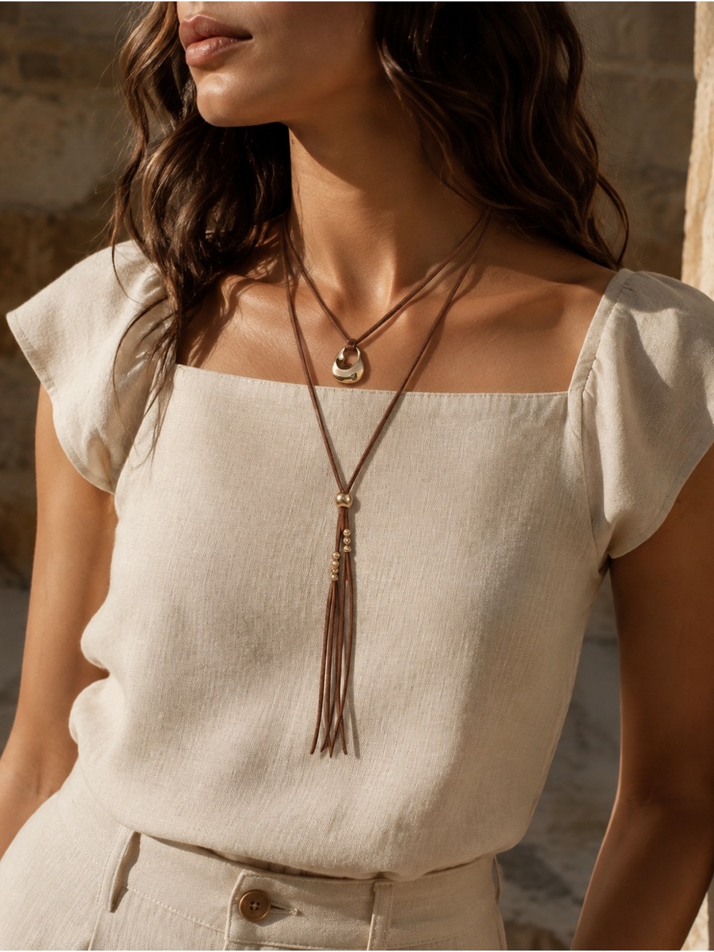 Brown Faux Suede Layered Lariat Tassel Necklace Gold Tone